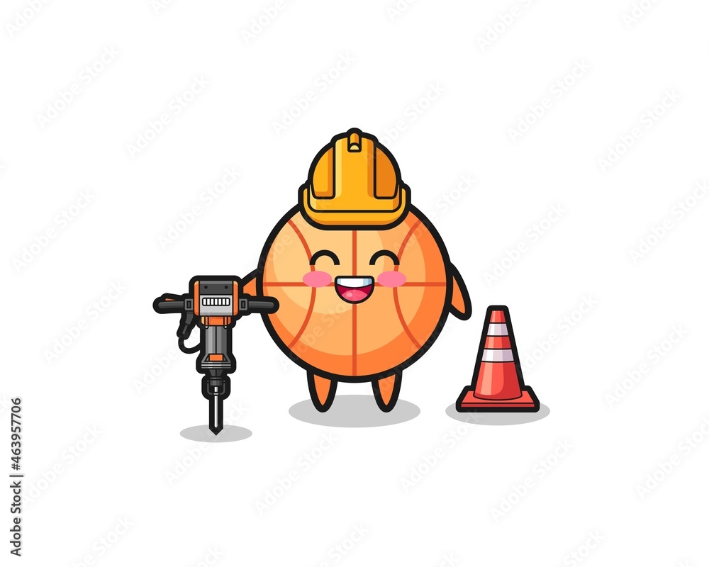 Obraz premium road worker mascot of basketball holding drill machine