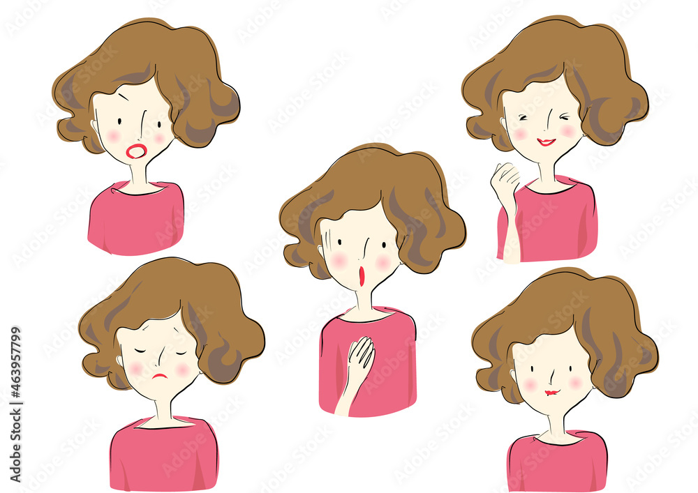 女性の表情のイラスト 喜怒哀楽と驚き Stock Vector Adobe Stock