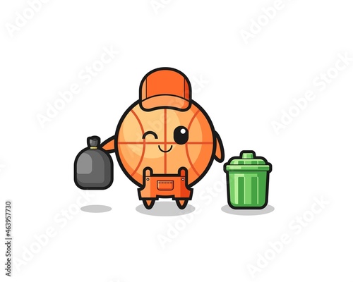 the mascot of cute basketball as garbage collector