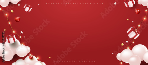 Merry Christmas and happy new year poster banner with festive decoration and copy space