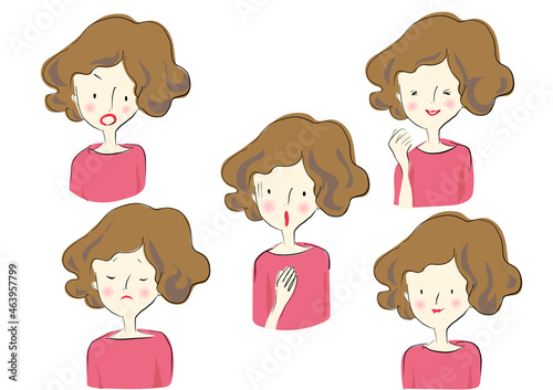 女性の表情のイラスト（喜怒哀楽と驚き）