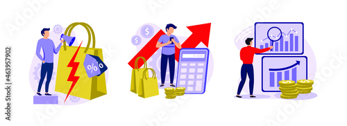 Flash Sale, Sales forcasting, Sales index. Retail profit plan abstract concept vector illustration set.
