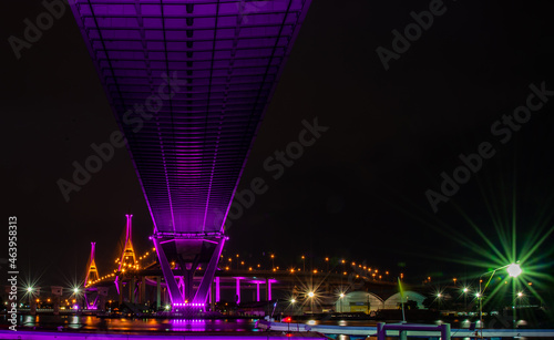 Bangkok, thailand -27 Oct, 2019 : Twilight scenes of The Bhumibol Bridge,also known as the Industrial Ring Road Bridge is part of the 13 km . The bridge crosses the Chao Phraya River twice.