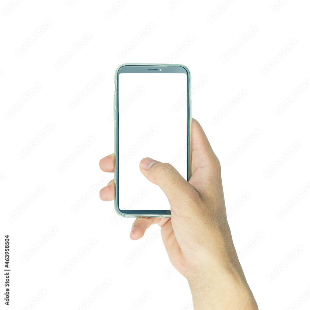 hand holding black phone isolated on white clipping path inside hand holding black phone isolated on white clipping path inside