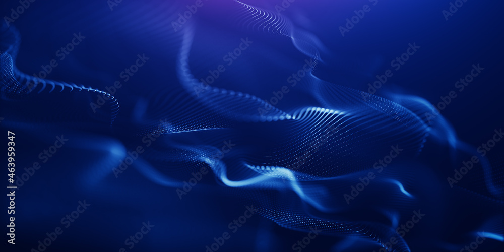Abstract digital wave technology with flowing particles. Connection lots and line on dark background. beautiful technology corporate concept background.	