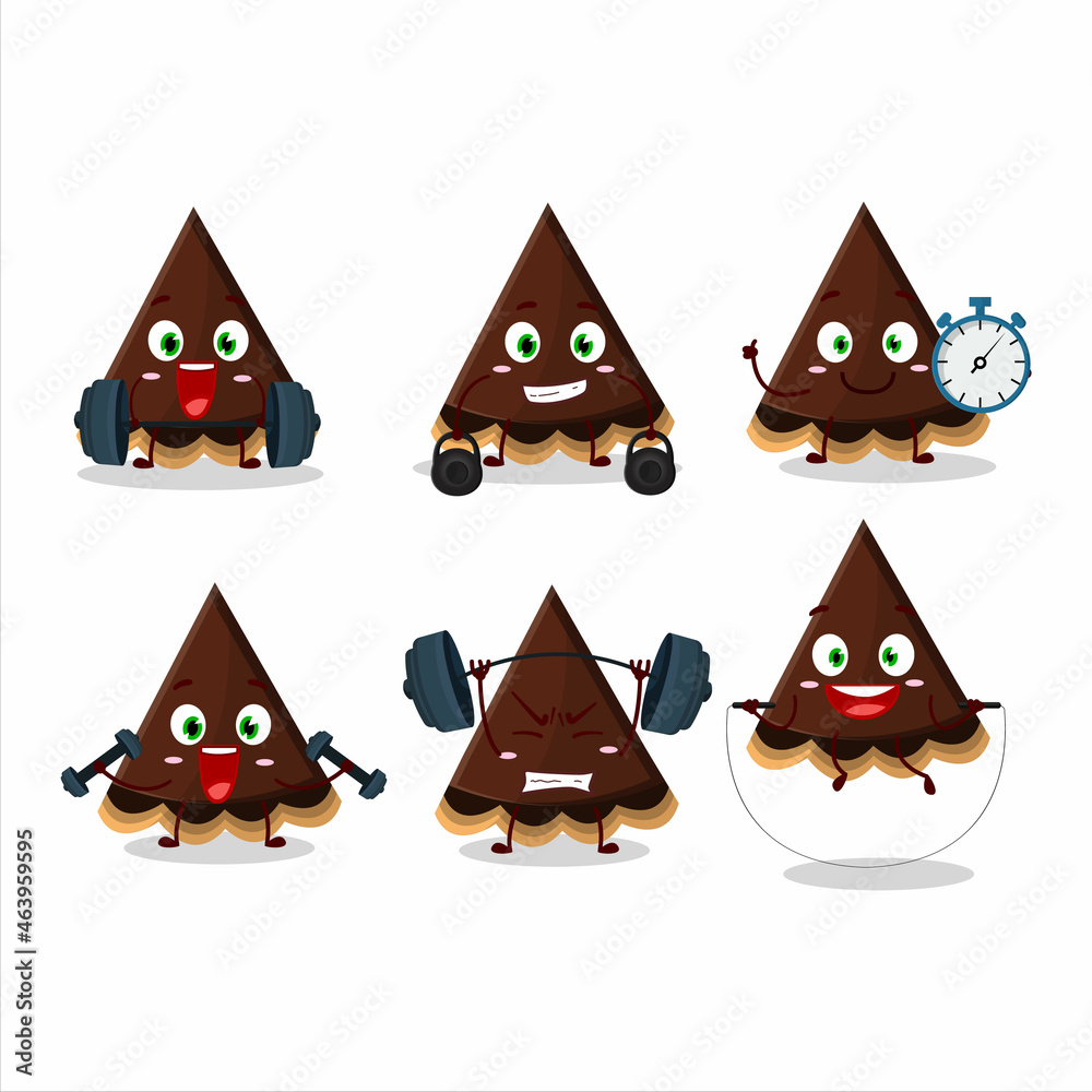 A healthy slice of chocolate tart cartoon style trying some tools on Fitness center A healthy slice of chocolate tart cartoon style trying some tools on Fitness center