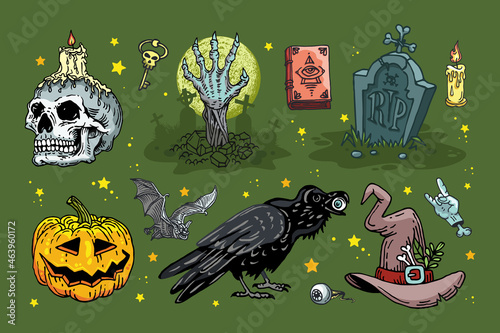 Set with halloween stickers. Hand drawn vector