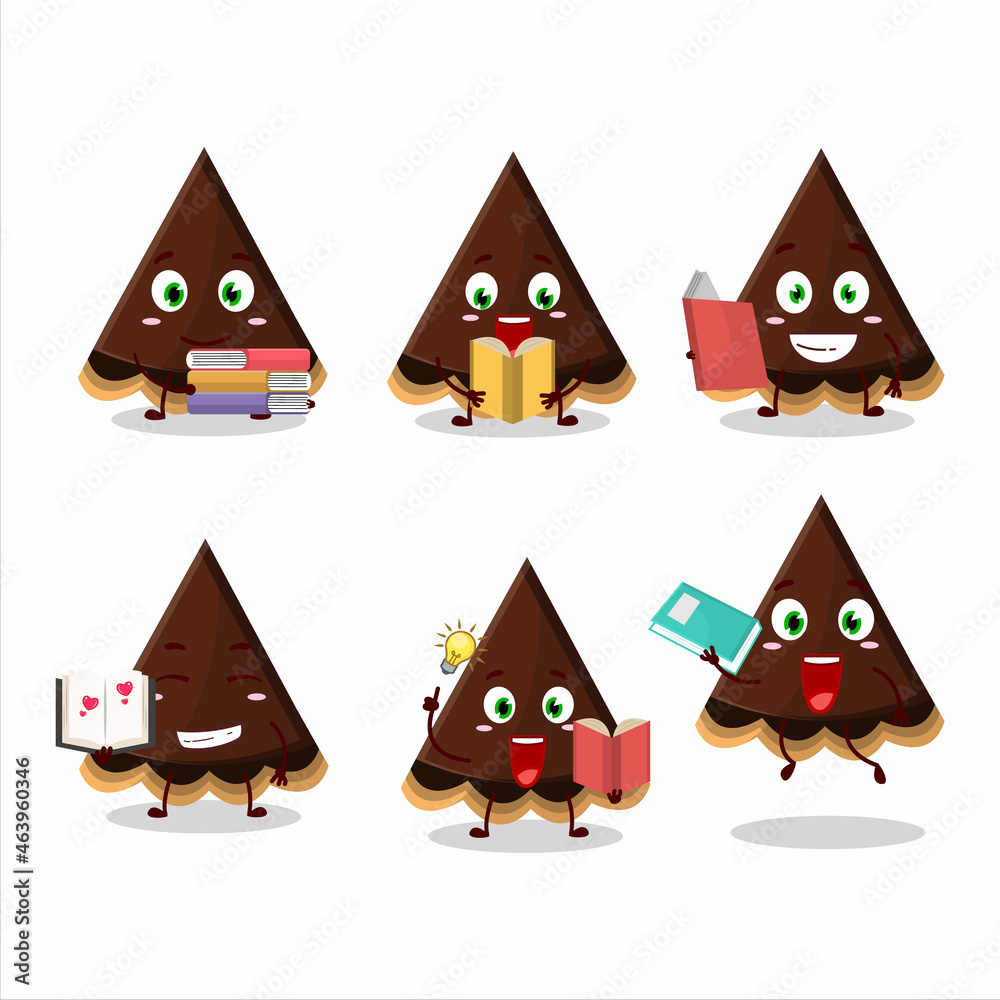 A picture of slice of chocolate tart cartoon character concept reading an amusing book A picture of slice of chocolate tart cartoon character concept reading an amusing book