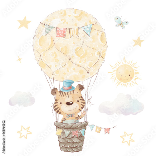 Set of cute cartoon tiger cub in a hot air balloon. Watercolor illustration