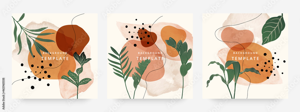 Square web banners background for social media with place for text and photo. Tropical leaves and organic shape watercolor style background for advertising, social media post, wall art, canvas prints. - obrazy, fototapety, plakaty 