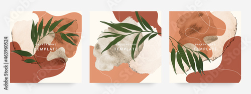 Square web banners background for social media with place for text and photo. Tropical leaves and organic shape watercolor style background for advertising, social media post, wall art, canvas prints.