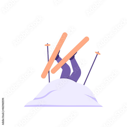 illustration of a skier or athlete buried by snow. fell and landed in a pile of snow. tragedies and incidents. using snowboards and ski bindings. flat cartoon style. vector design