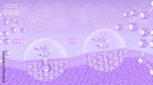 Hyaluronic acid before and after skin solutions ad, purple collagen serum drops with cosmetic advertising background ready to use, illustration vector.