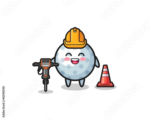 road worker mascot of golf holding drill machine