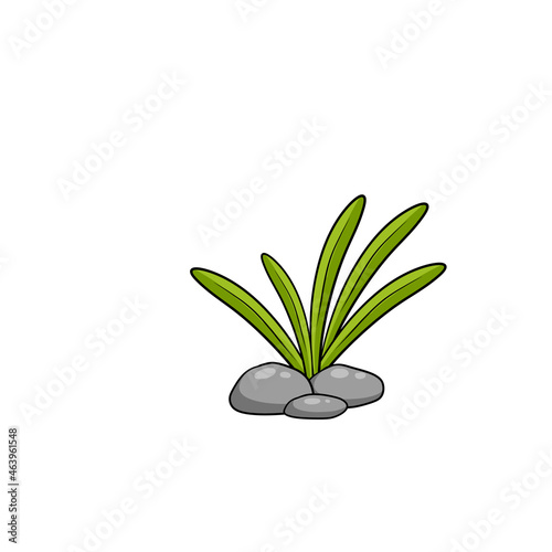 Grass and stone. Element of the landscape. Natural scenery with leaves and cobblestones. Cartoon illustration