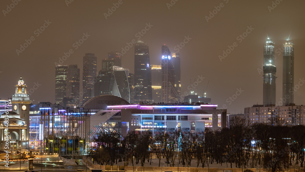 Obraz premium View to Kievsky railway station and Moscow city at night