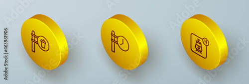 Set Isometric line Cafe and restaurant location, Train station clock and Online ticket booking icon. Vector