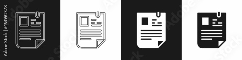 Set Resume icon isolated on black and white background. CV application. Searching professional staff. Analyzing personnel resume. Vector