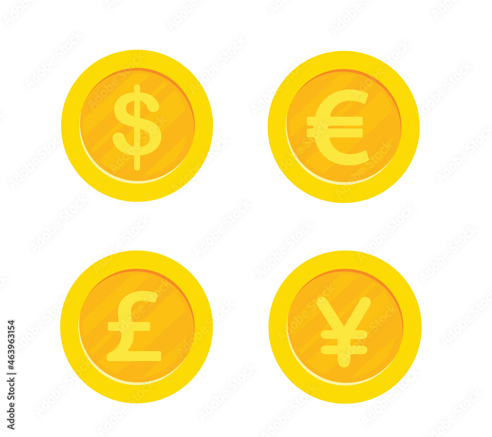 Set of gold coins with 4 major currencies. Dollar, Euro, Pound sterling, Yen Set of gold coins with 4 major currencies. Dollar, Euro, Pound sterling, Yen
