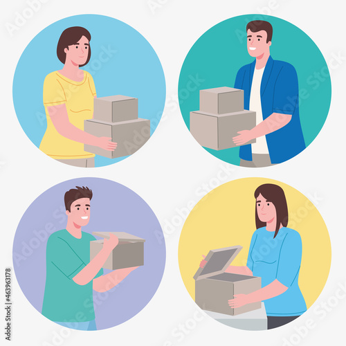 group people opening boxes