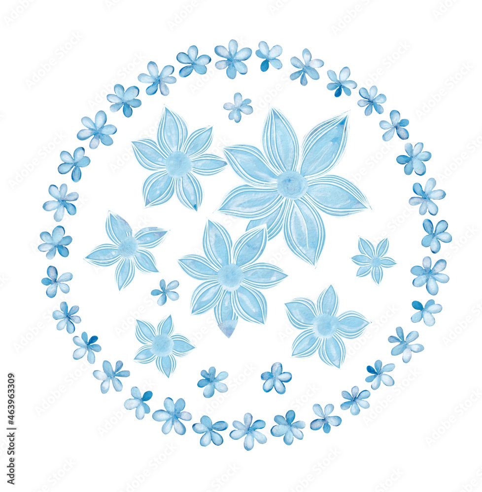 Isolated softness floral design element. Floral round wreath with abstract blue flowers on white background. Gouache painting. Vintage design.
