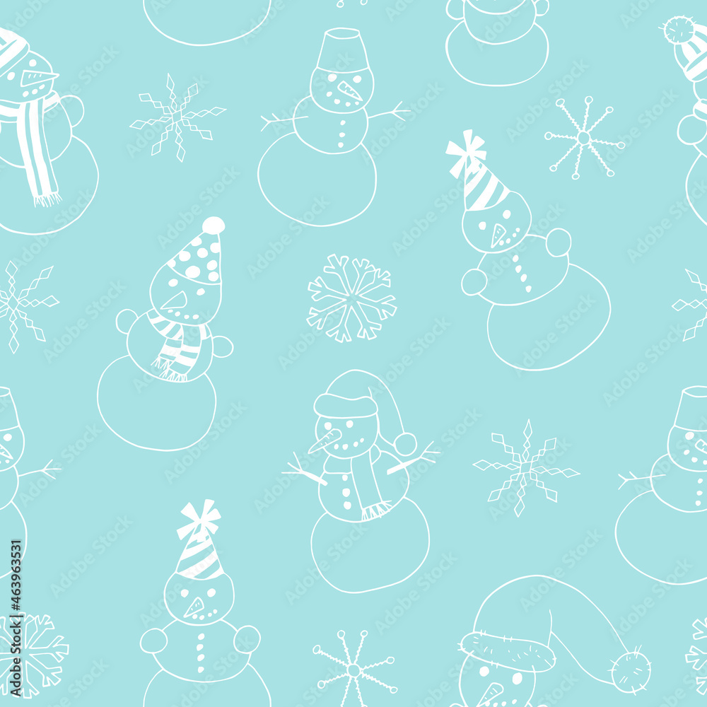 snowmen and snowflakes seamless pattern hand drawn doodle. vector, scandinavian, nordic, minimalism, monochrome. wrapping paper, textile, background. winter, holiday, christmas, new year. snowmen and snowflakes seamless pattern hand drawn doodle. vector, scandinavian, nordic, minimalism, monochrome. wrapping paper, textile, background. winter, holiday, christmas, new year.
