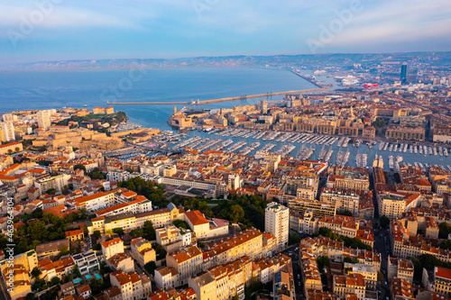 Aerial view of town and port in Marseille city with of sailboats and yachts. France
