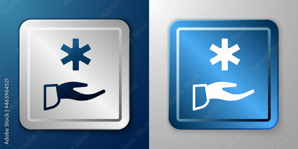 White Cross hospital medical icon isolated on blue and grey background. First aid. Diagnostics symbol. Medicine and pharmacy sign. Silver and blue square button. Vector White Cross hospital medical icon isolated on blue and grey background. First aid. Diagnostics symbol. Medicine and pharmacy sign. Silver and blue square button. Vector