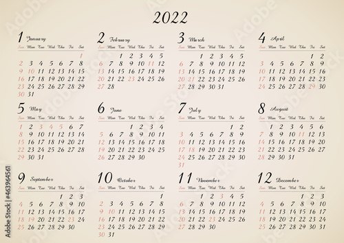 2022　年間カレンダー　レトロ ヨコ型