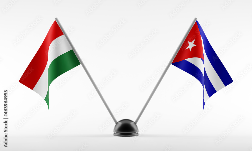 Stand with two national flags. Flags of Hungary and Cuba. Isolated on a white background. 3d rendering Stand with two national flags. Flags of Hungary and Cuba. Isolated on a white background. 3d rendering