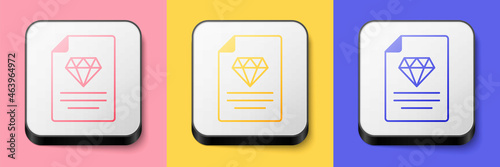 Isometric Certificate of the diamond icon isolated on pink, yellow and blue background. Square button. Vector