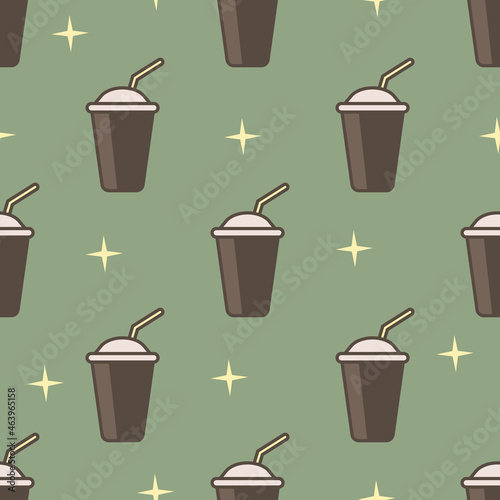 Seamless pattern with brown coffe cup and cocktail tube. Eps 10.