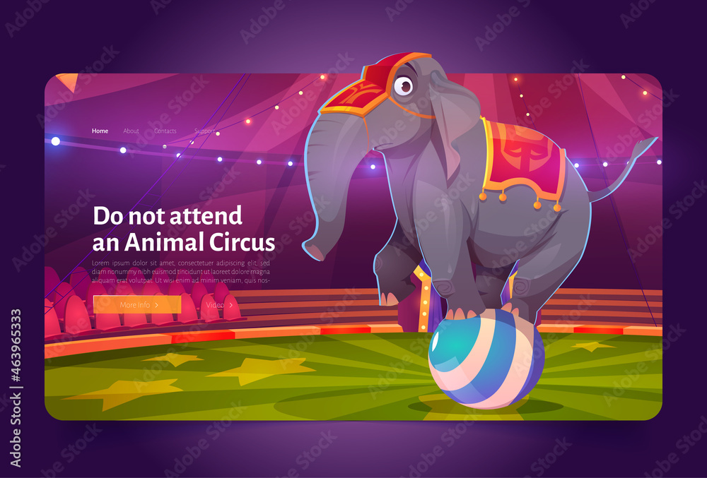 Do not attend animal circus banner with sad elephant standing on ball. Concept of exploitation wild animals in show. Vector landing page with cartoon illustration of unhappy elephant on arena - obrazy, fototapety, plakaty 