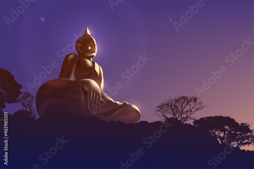 Buddhism vector illustration of a buddha statue on the peak of the mountain with the beautiful sunlight is shining up from the right.