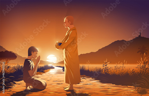 vector illustration of a man who lives in the outback area with a simple life is giving alms to a monk with his great faith