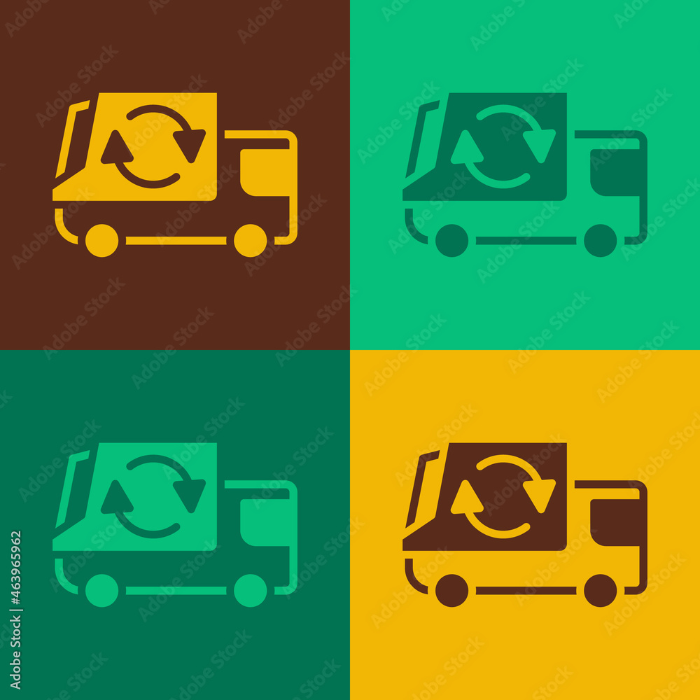 Pop art Garbage truck icon isolated on color background. Vector