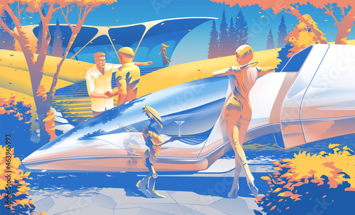 Cuadro en lienzo retro vector scifi illustration of wealthy people in daily life in 2079