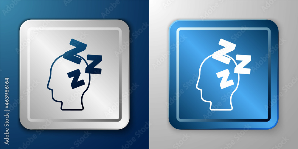 White Dreams icon isolated on blue and grey background. Sleep, rest, dream concept. Resting time and comfortable relaxation. Silver and blue square button. Vector White Dreams icon isolated on blue and grey background. Sleep, rest, dream concept. Resting time and comfortable relaxation. Silver and blue square button. Vector