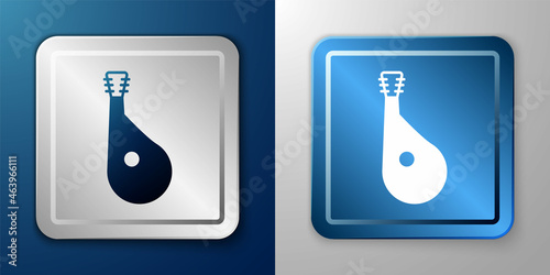 White Ukrainian traditional musical instrument bandura icon isolated on blue and grey background. Silver and blue square button. Vector