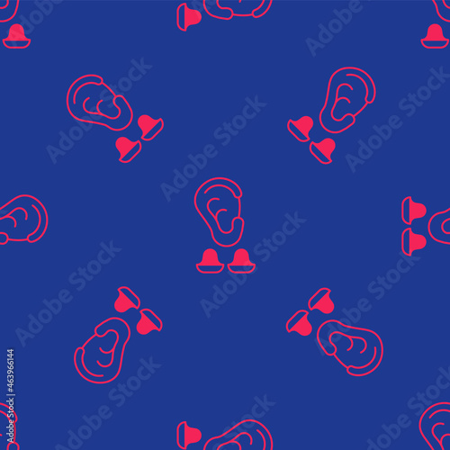 Red Earplugs and ear icon isolated seamless pattern on blue background. Ear plug sign. Noise symbol. Sleeping quality concept. Vector