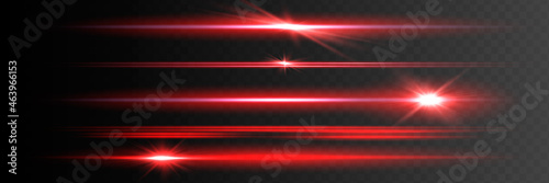 Red horizontal lens flares pack. Laser beams, horizontal light rays.Beautiful light flares. Glowing streaks on dark background. Luminous abstract sparkling lined background.