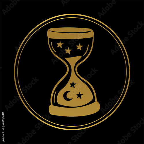 Gold icon of mystical gold clock on a black background. Round sign on a black background for tarot, astrology, fortune telling. Hand drawn vector symbol.