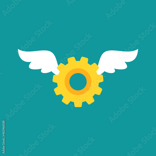 golden gear with wings icon isolated on blue background. Super technology, great sulution pinion concept. vector flat illustration.