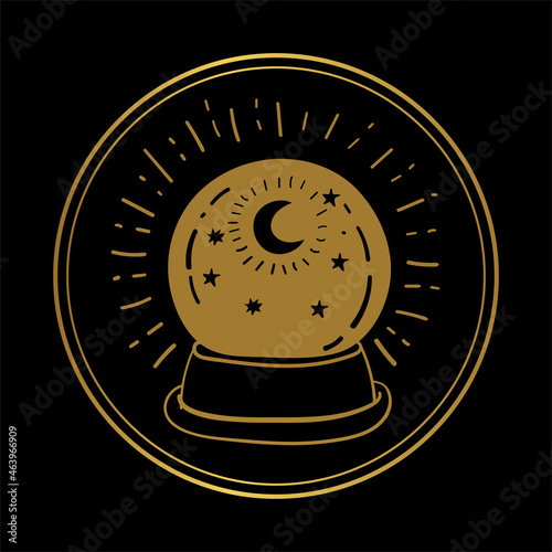 Golden icon for divination of fate with a black background, a round symbol with a mystical magic ball, moon and stars. Vector hand drawn illustration.