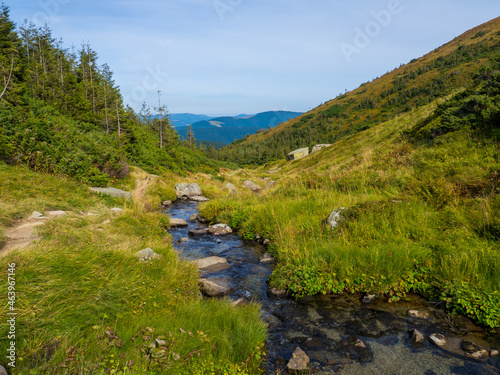 Mountain landscape. A stream or clear water and green foliage. Beautiful field with a small river flowing through green grass covered hills with big stones in Carpathian valley near Hoverla. photo