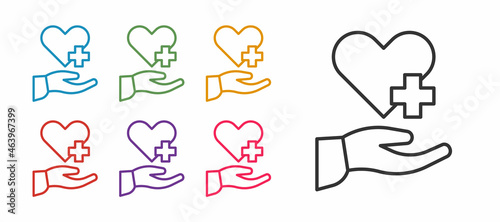 Set line Heart with a cross icon isolated on white background. First aid. Healthcare, medical and pharmacy sign. Set icons colorful. Vector