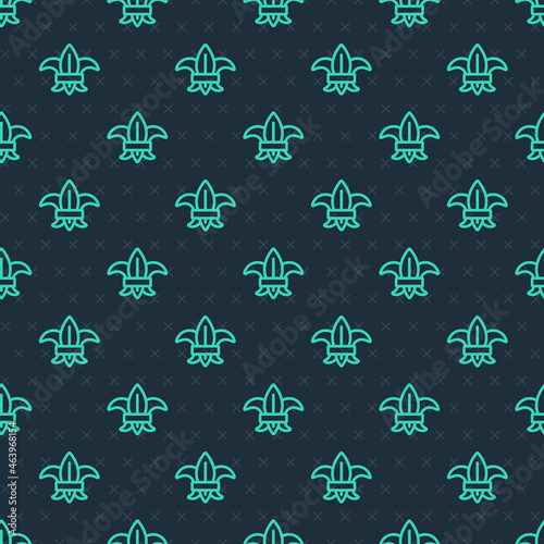 Green line Fleur de lys or lily flower icon isolated seamless pattern on blue background. Vector