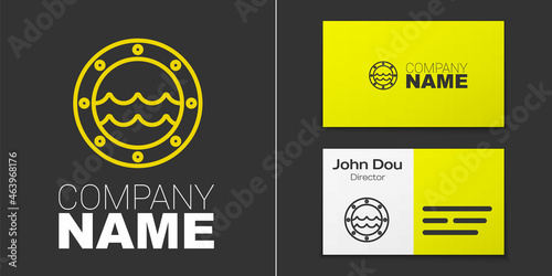 Logotype line Ship porthole with rivets and seascape outside icon isolated on grey background. Logo design template element. Vector