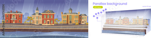 Parallax background 2d vintage city at rainy weather, retro cityscape autumn street with european colonial victorian buildings and lake promenade. Cartoon game layered scene, Vector illustration
