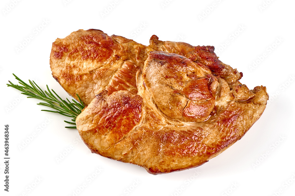 Grilled pork shoulder steak, isolated on white background. Grilled pork shoulder steak, isolated on white background.